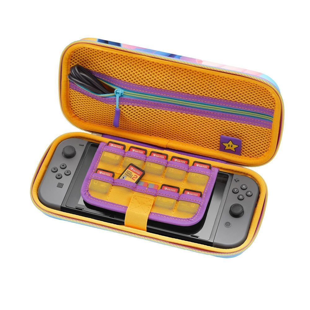 Open case showing purple insert and control slots inside, orange mesh exterior.