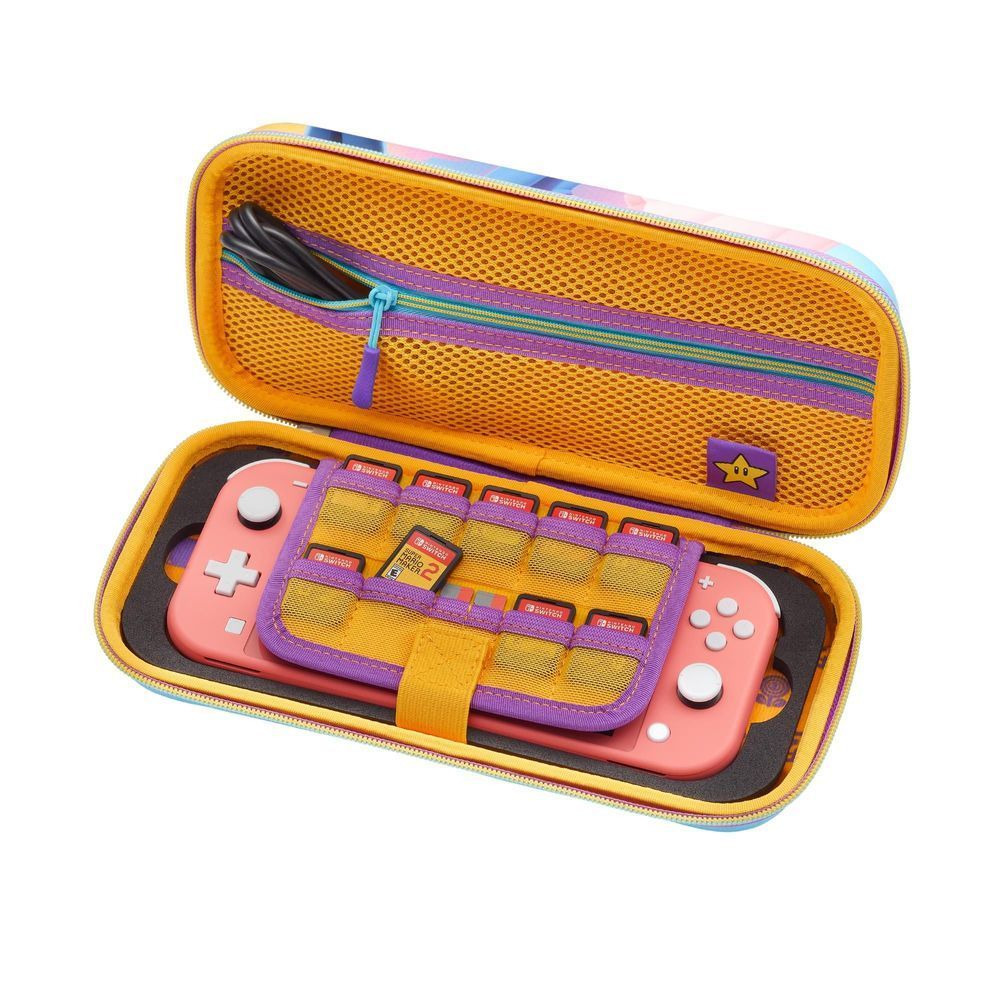 Open case with purple organizer and two pink Joy-Con-style controllers, orange shell.
