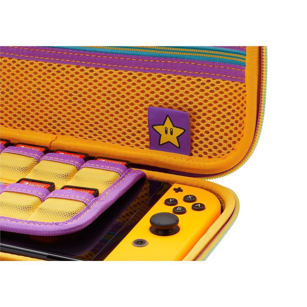 Orange mesh case corner with purple star patch, stitched zipper edge, inside organizer visible.