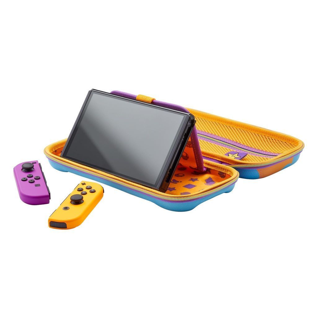 Protection case with yellow shell, blue trim, screen insert, and accessory controllers outside.