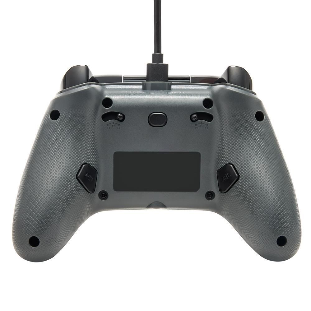 Grey wired Xbox controller back, textured grips with trigger controls and charging port