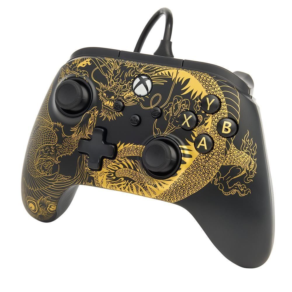 Black wired Xbox controller with gold dragon phoenix faceplate, large grips and D-pad