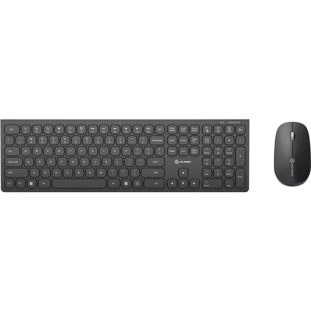 Black wireless keyboard and rechargeable mouse set with slim key layout