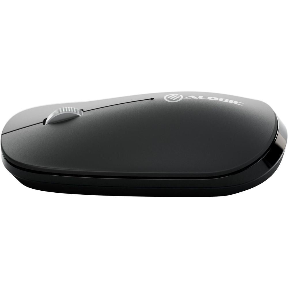 Black rechargeable wireless mouse with top logo and low-profile design
