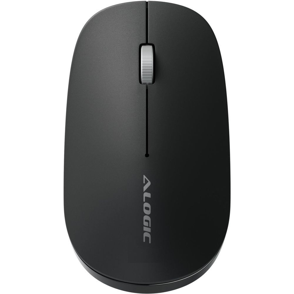 Black wireless mouse with scroll wheel and ALOGIC logo on the body