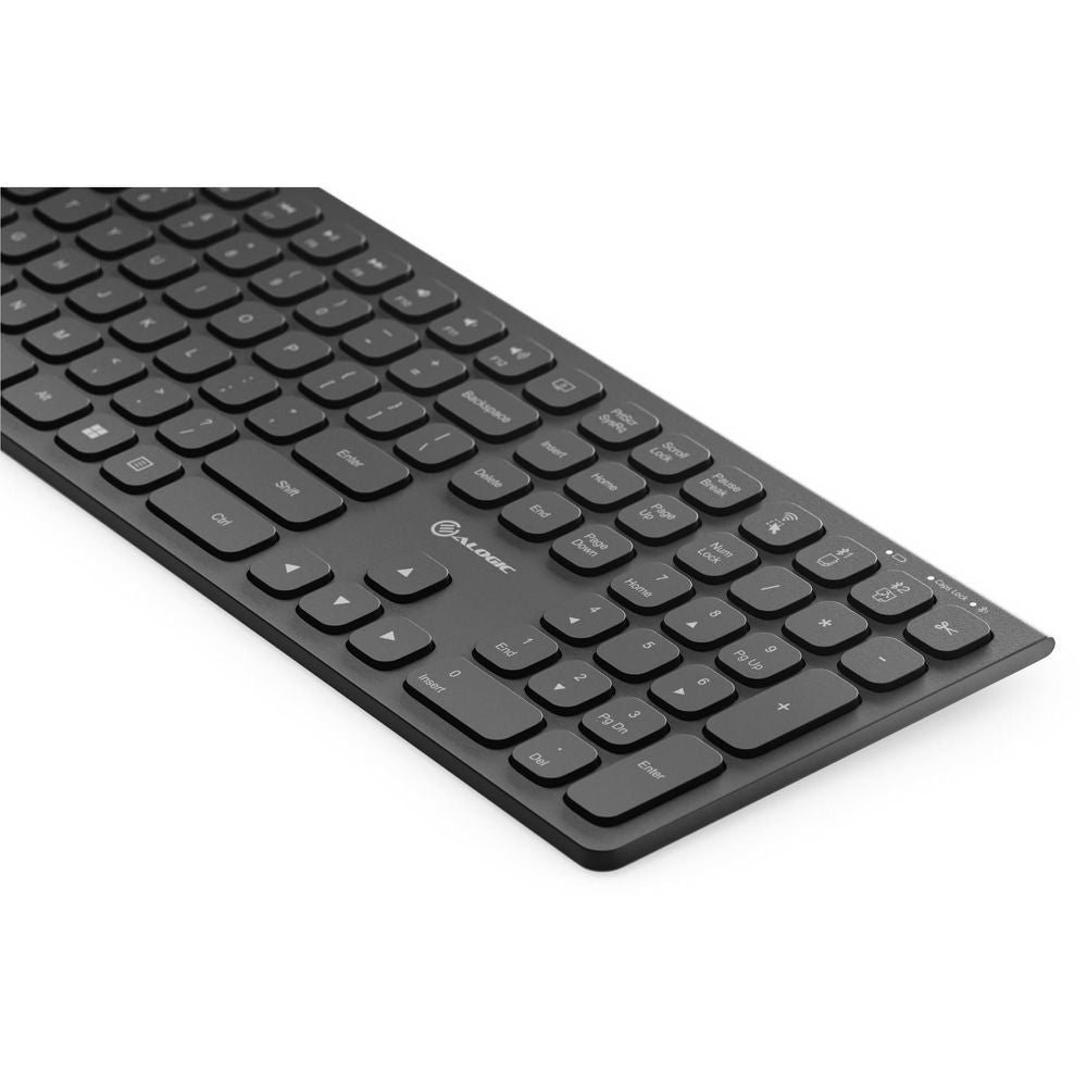 Black wireless keyboard with compact keys, function row, and curved edge