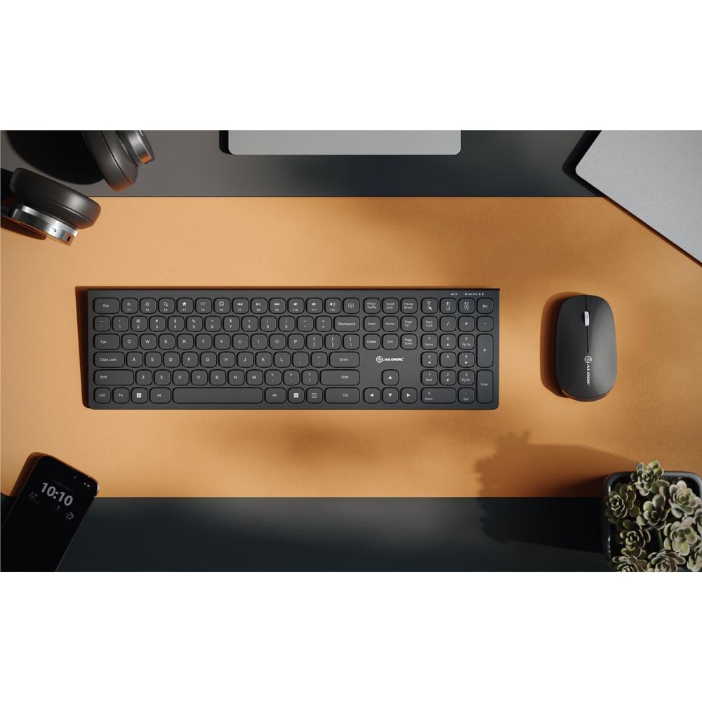 Black wireless keyboard and mouse set with both devices centered