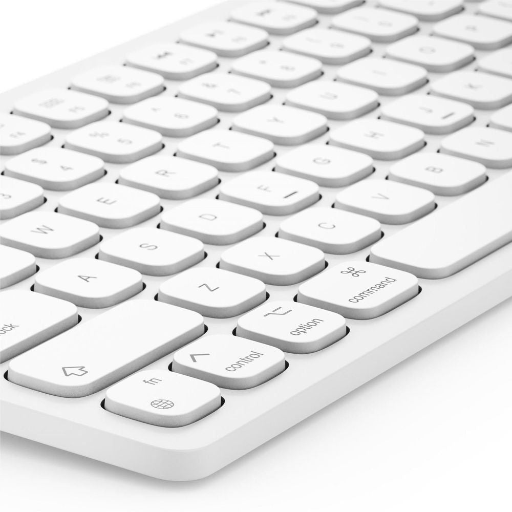 White keyboard close-up showing media and function keys on top surface