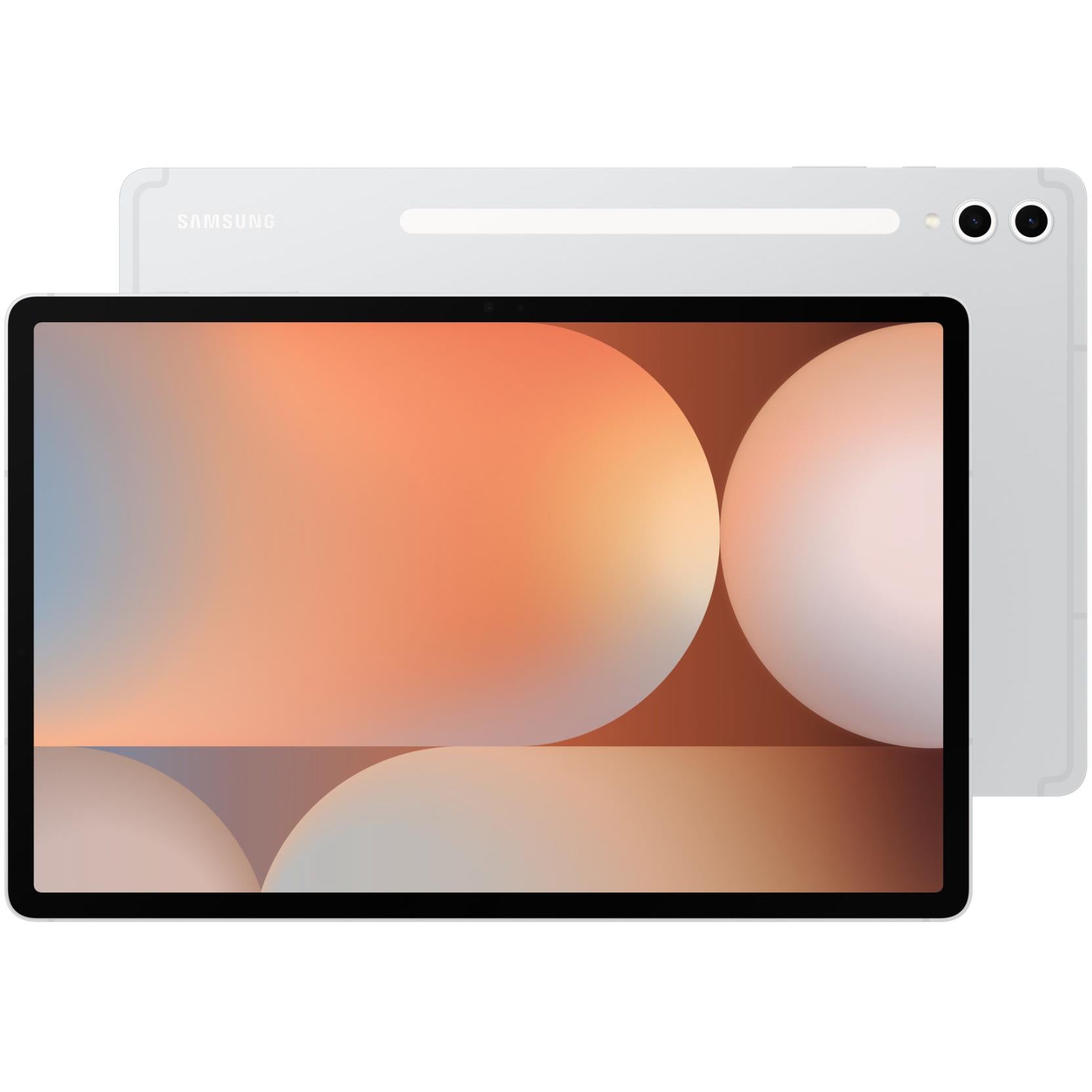Silver tablet with 12.4-inch display, black bezel, orange abstract wallpaper