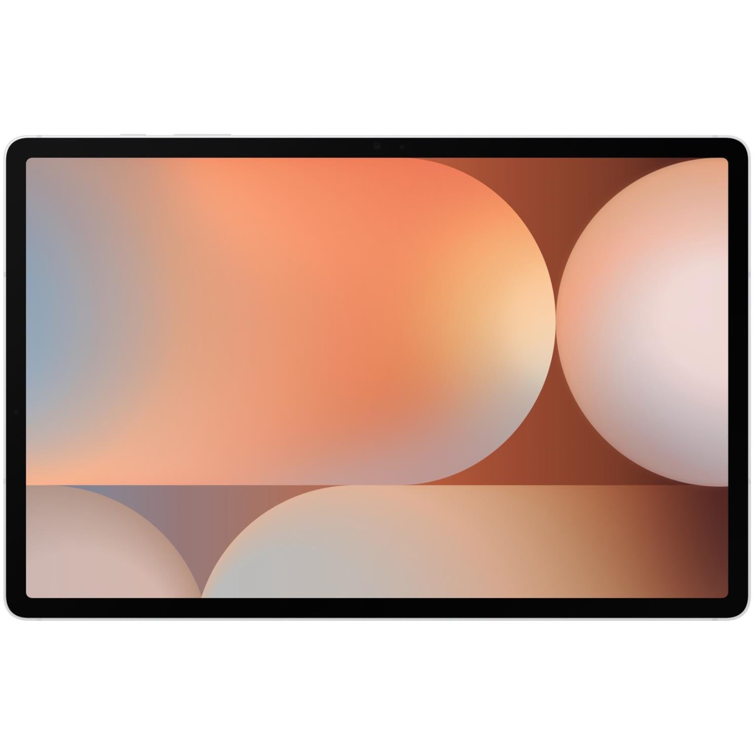 Silver tablet front with 12.4-inch screen and orange abstract wallpaper, black bezel
