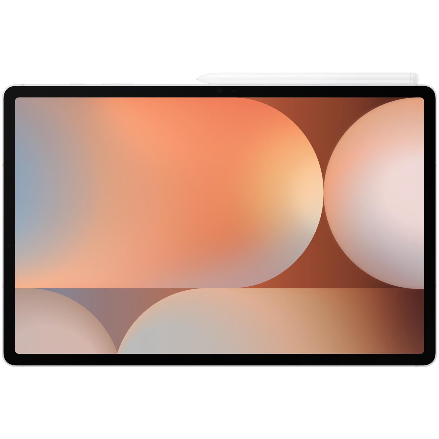 Silver tablet with 12.4-inch display and orange abstract wallpaper, black front bezel