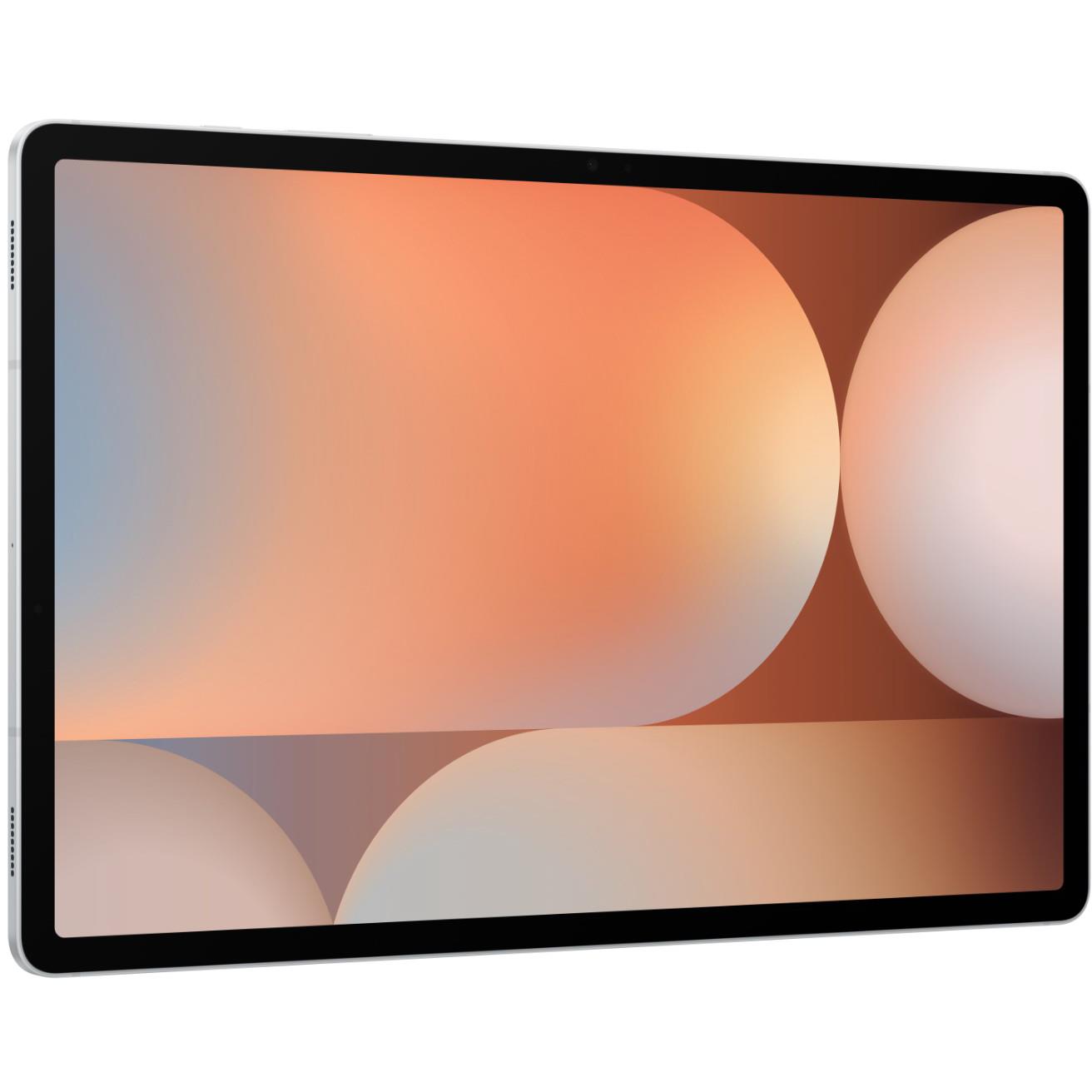 Silver tablet front view with 12.4-inch screen and orange abstract wallpaper