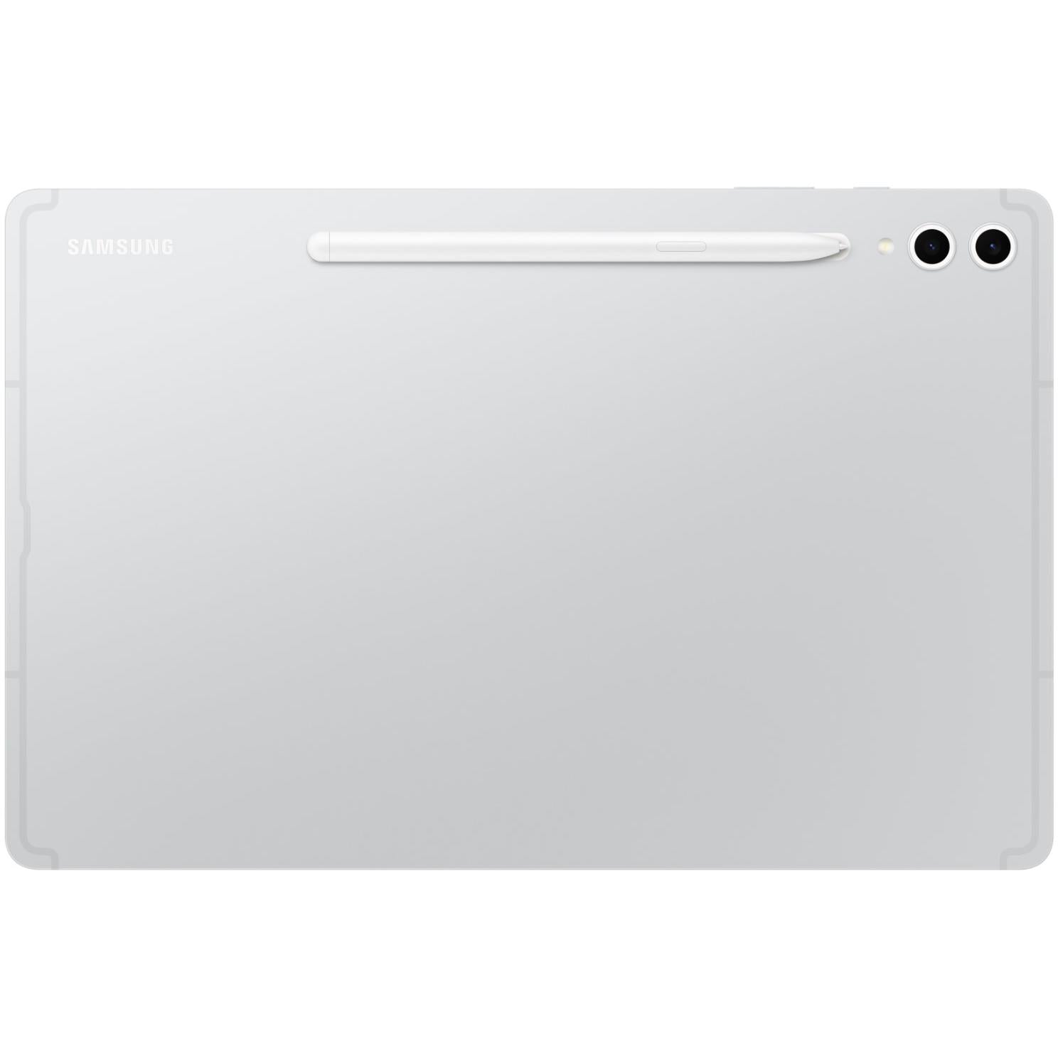 Silver tablet back with camera lenses and top button area