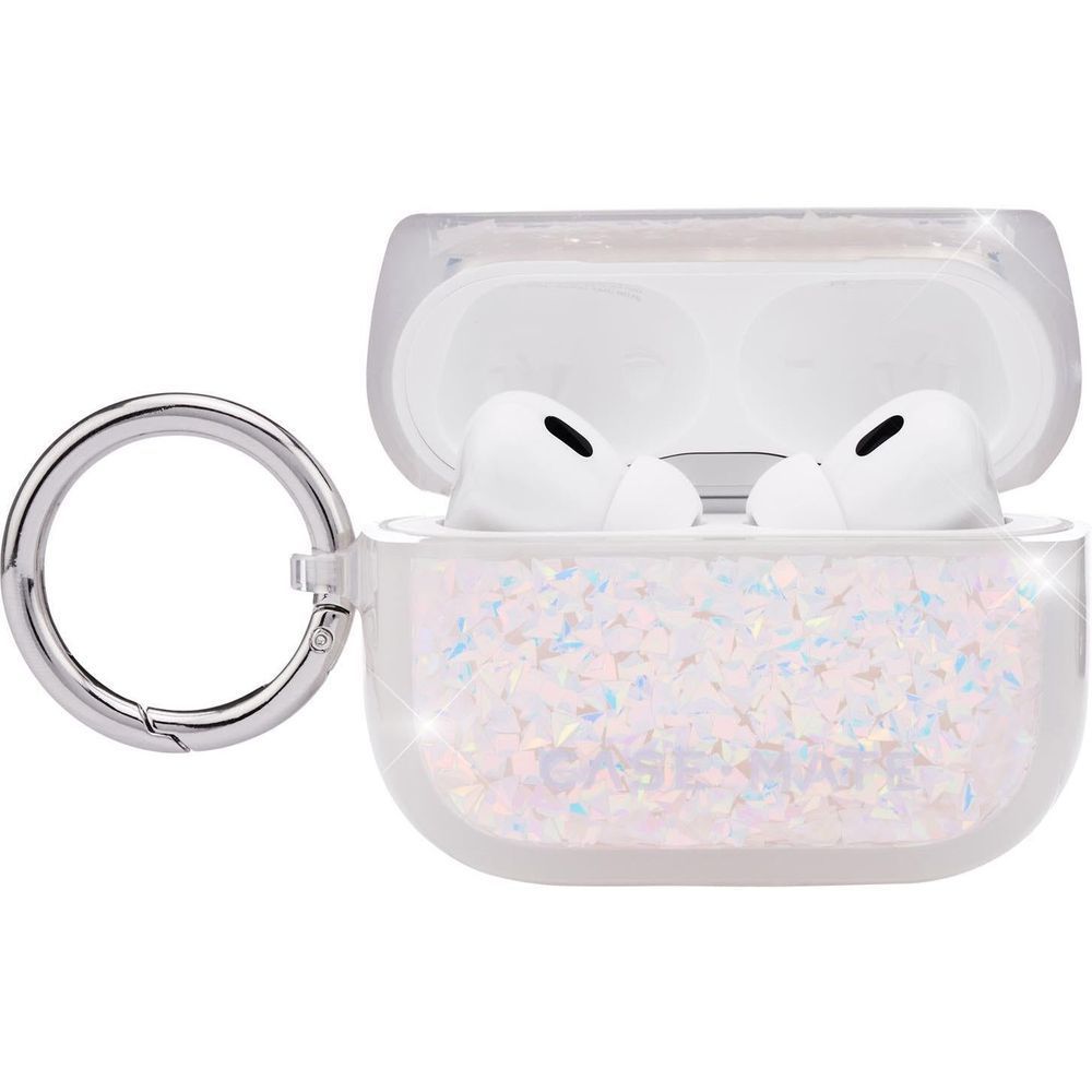 Clear iridescent AirPods Pro case with ring clip, earbuds inside
