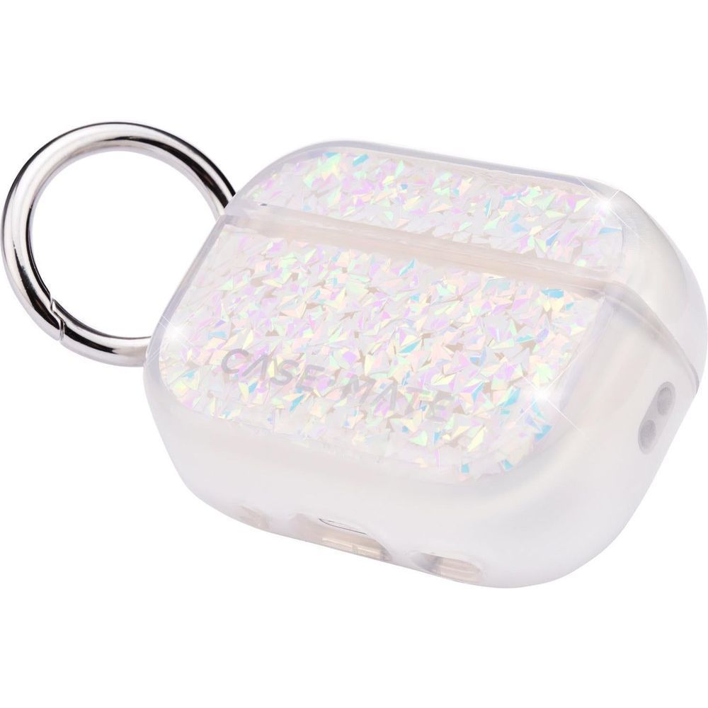 Clear iridescent AirPods Pro case with metal ring clip, side profile