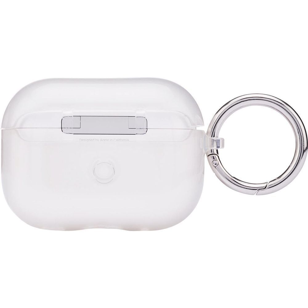 Translucent white AirPods Pro case with metal ring clip, closed front