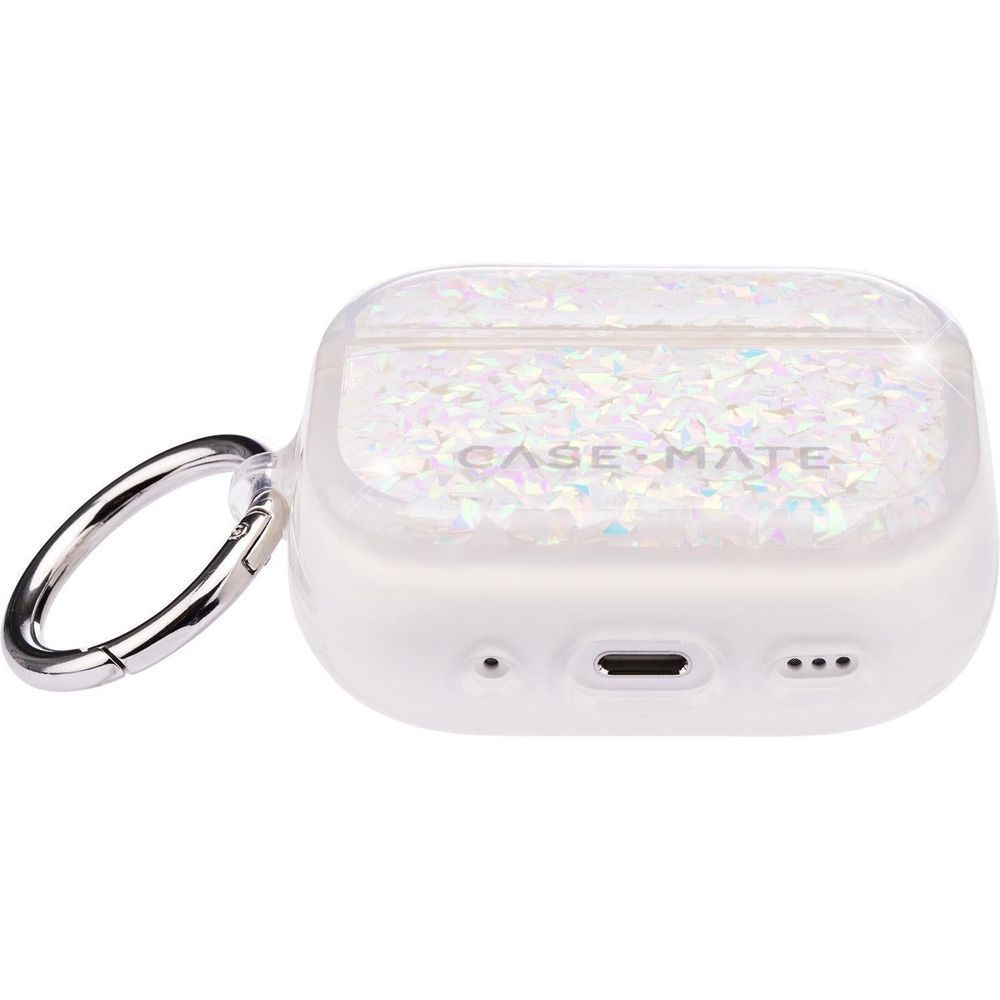 Clear iridescent AirPods Pro case with ring clip, bottom ports openings