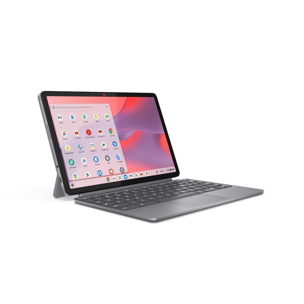 Lenovo 2-in-1 Chromebook with folio keyboard attached, tablet angled