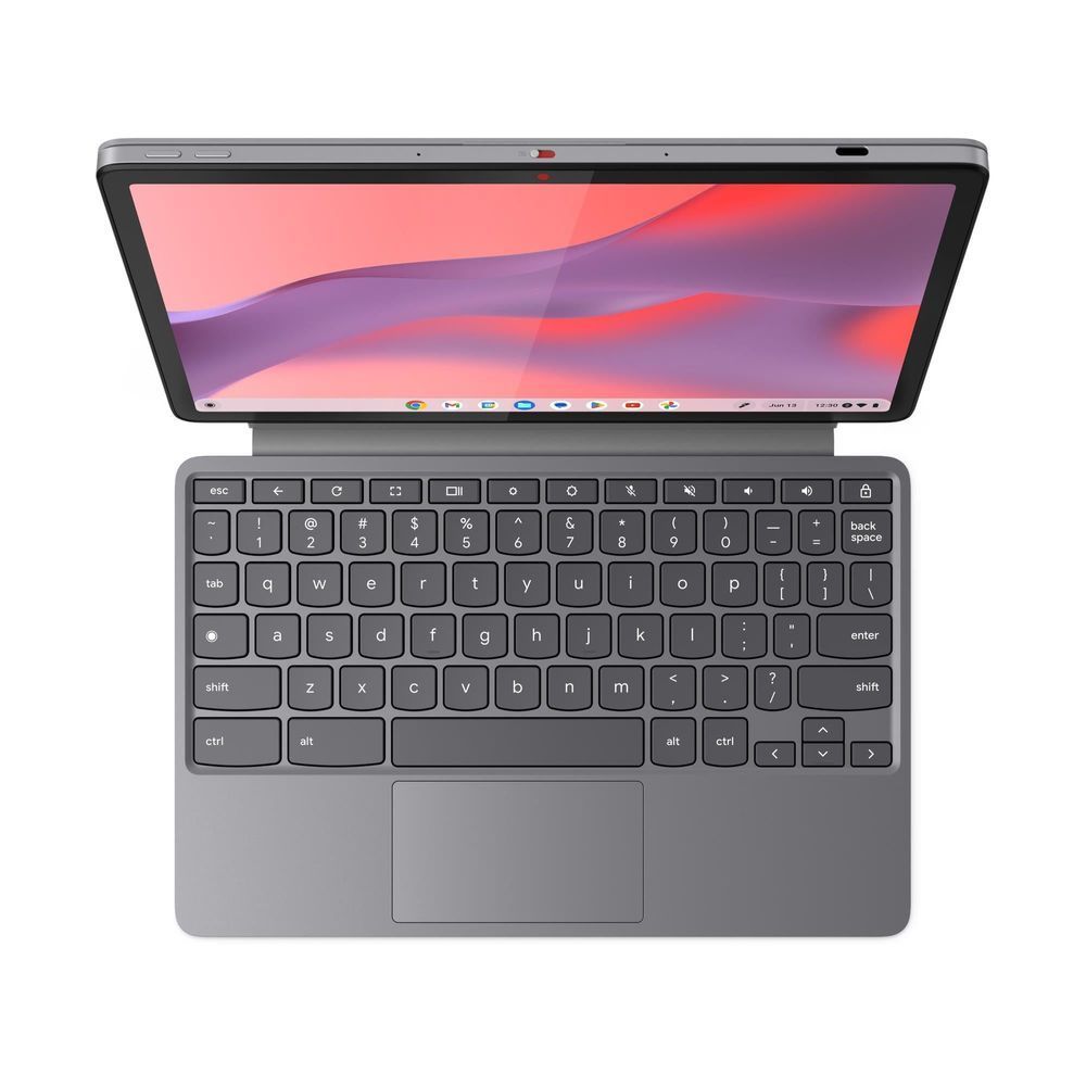 Lenovo 2-in-1 Chromebook keyboard view with trackpad, screen on