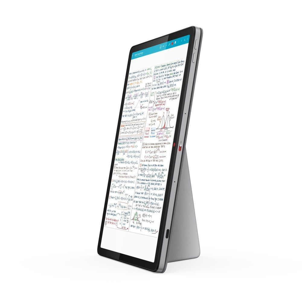 Lenovo 2-in-1 Chromebook tablet in portrait with stand, side profile