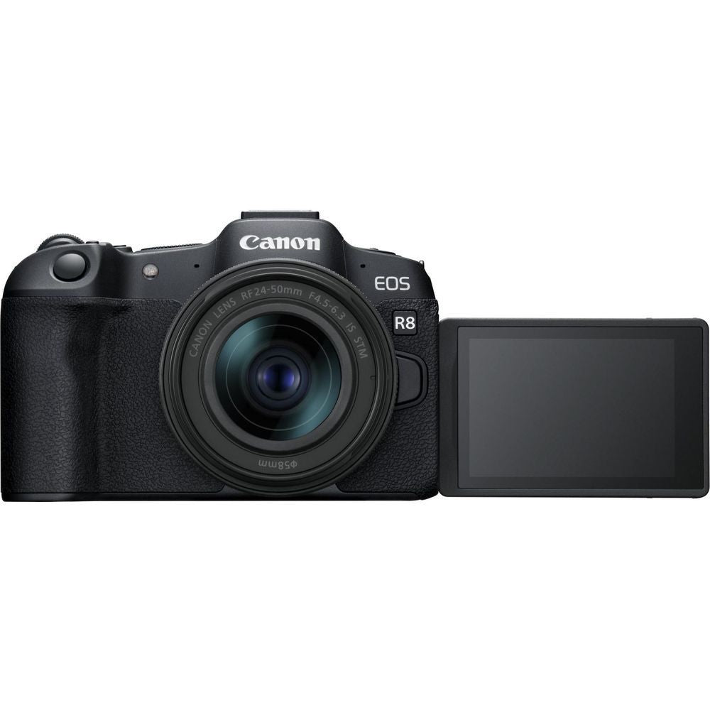 Canon EOS R8 mirrorless camera with black RF 24-50mm lens and rear screen