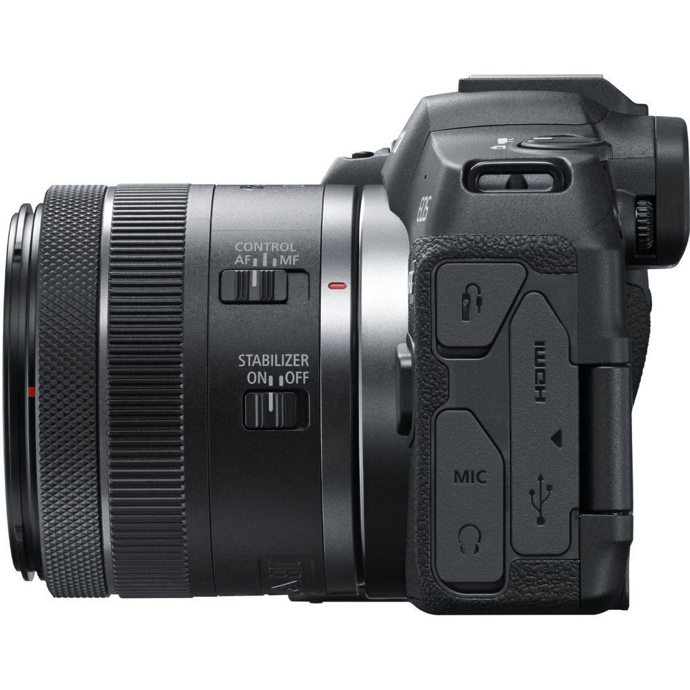 Canon EOS R8 mirrorless camera side view with RF 24-50mm lens, controls