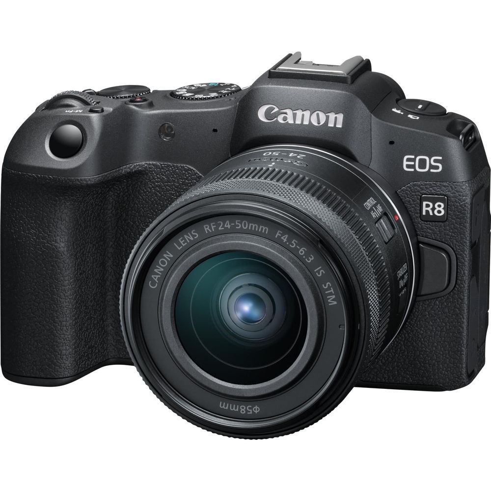 Canon EOS R8 mirrorless camera front view with RF 24-50mm lens, black