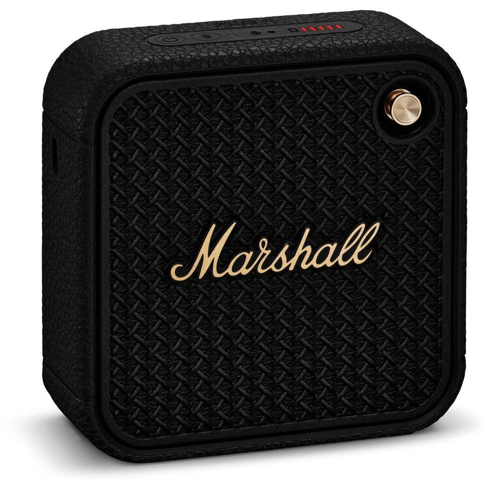 Black portable Bluetooth speaker angled front view with gold “Marshall” logo