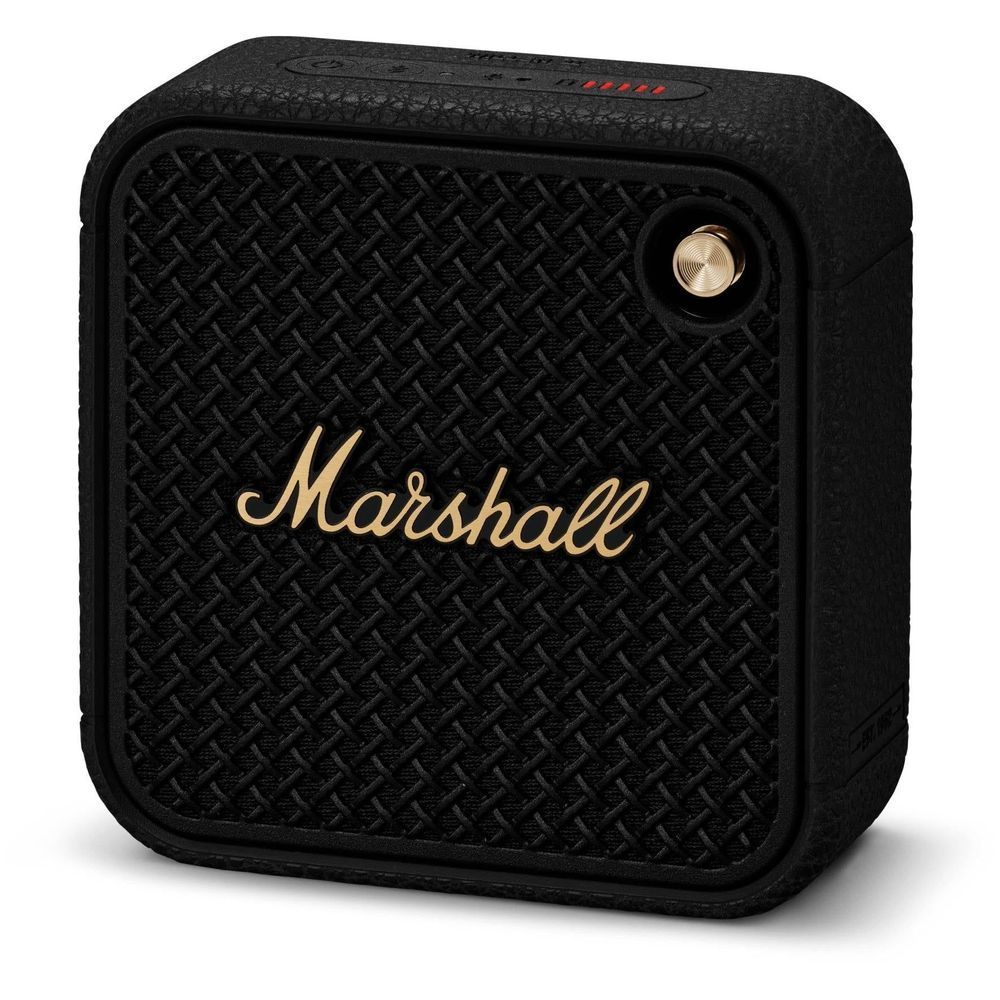 Black portable Bluetooth speaker front view with gold “Marshall” logo and grille