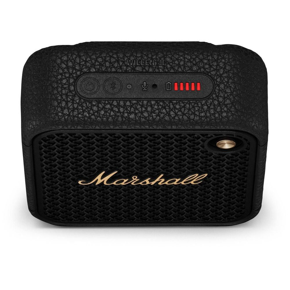 Black portable Bluetooth speaker back panel with grille and gold “Marshall” logo