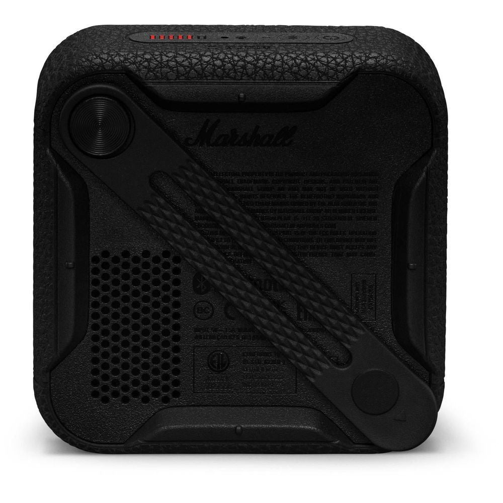 Black portable Bluetooth speaker underside view with controls, speaker grille, and markings