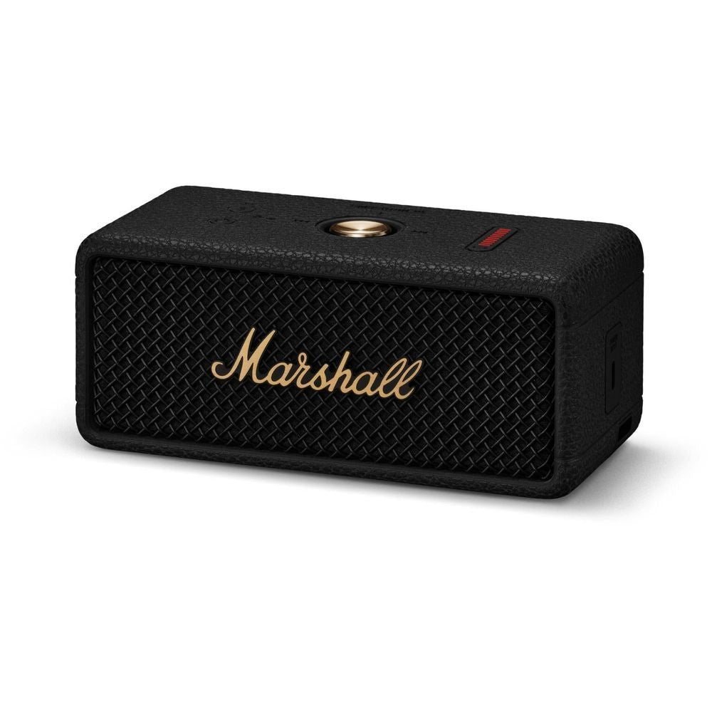 Black portable Bluetooth speaker angled view with gold knob and 'Marshall' logo