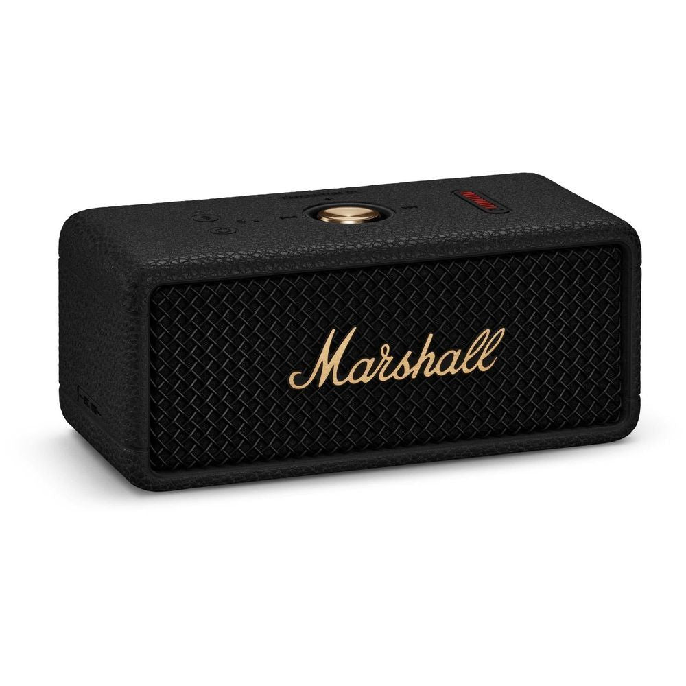 Black portable Bluetooth speaker front corner view with gold 'Marshall' logo on grille
