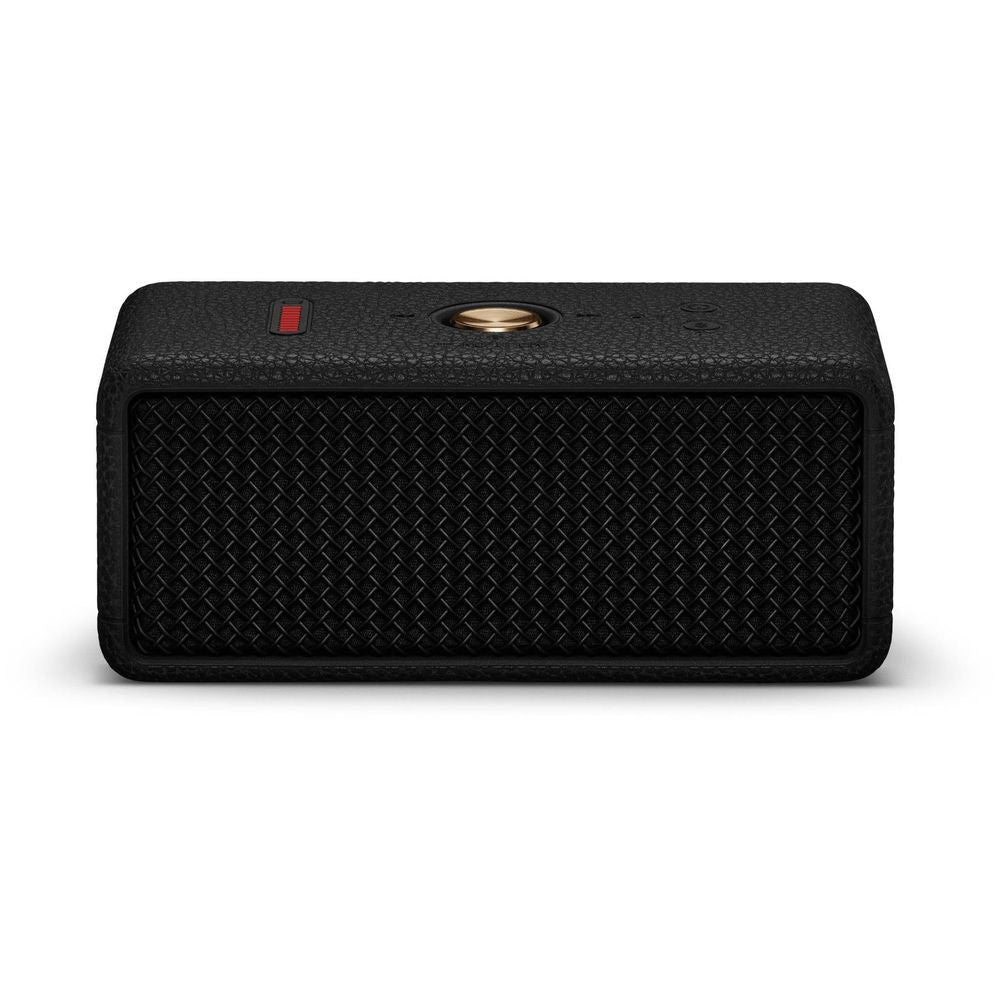 Black portable Bluetooth speaker front view with gold knob, grille, and 'Marshall' logo