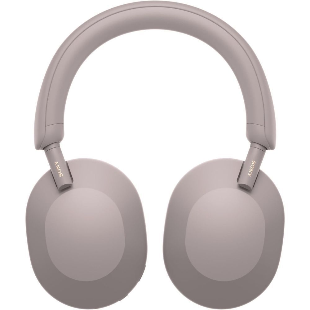 Smokey pink over-ear wireless headphones viewed front with padded ear cushions
