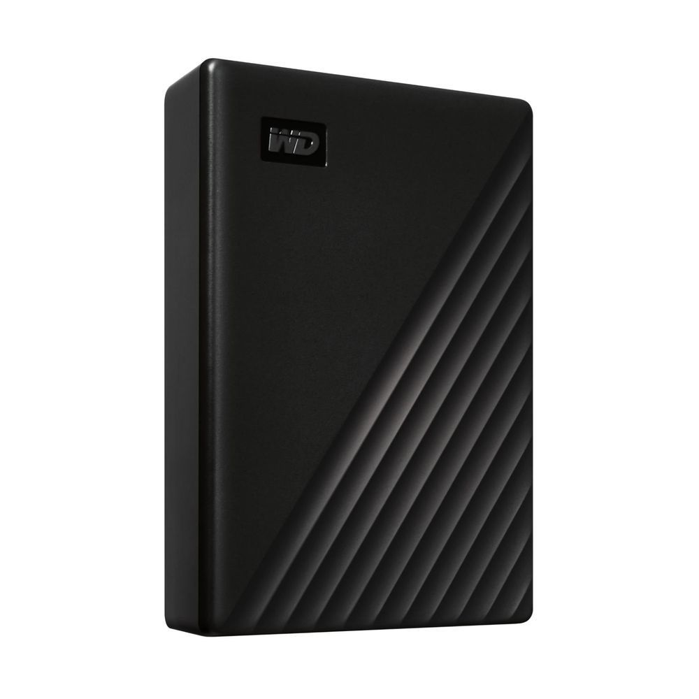 Black portable external HDD side view with WD logo and ridged diagonal face.