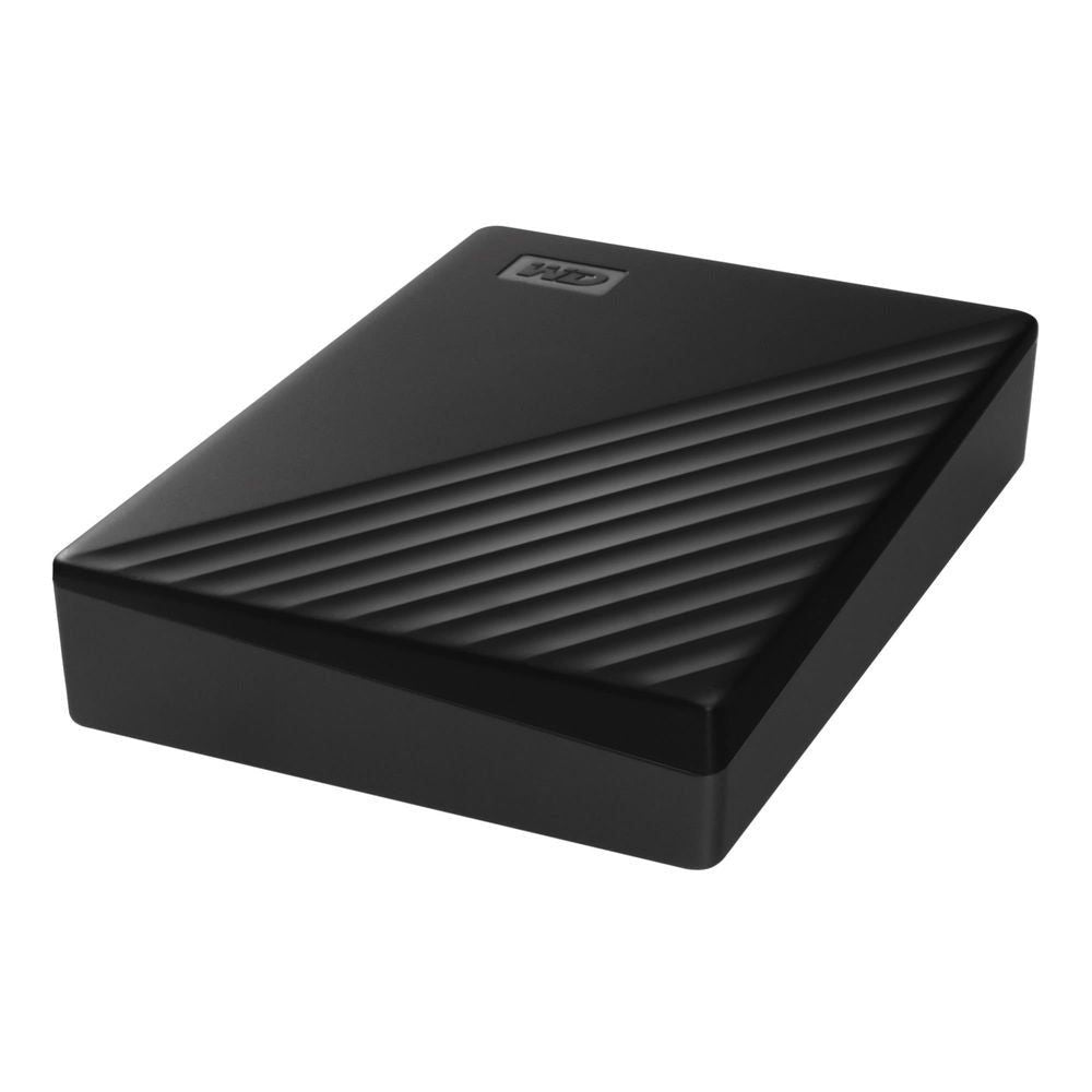 Black portable external HDD with ribbed top surface, rounded edges, and WD logo.