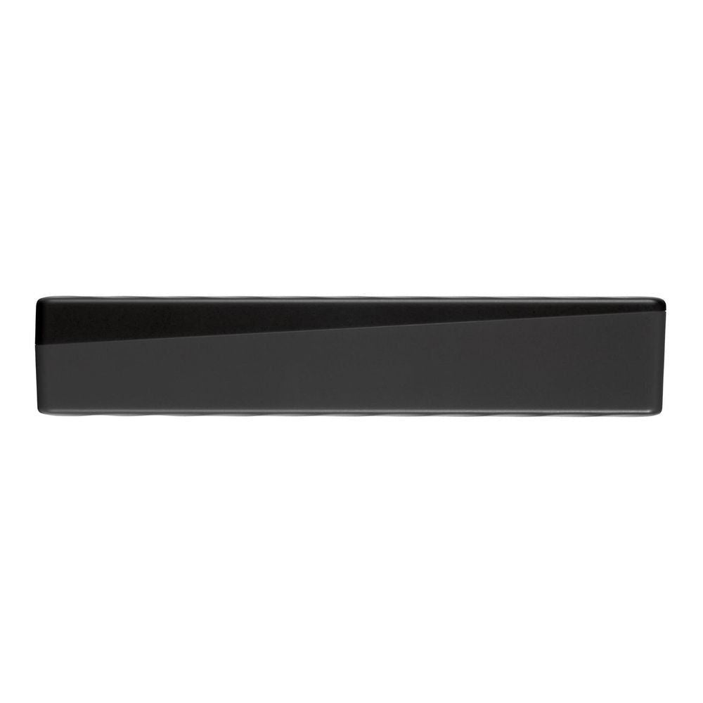 Black portable external HDD thin side profile with smooth edge and matte finish.