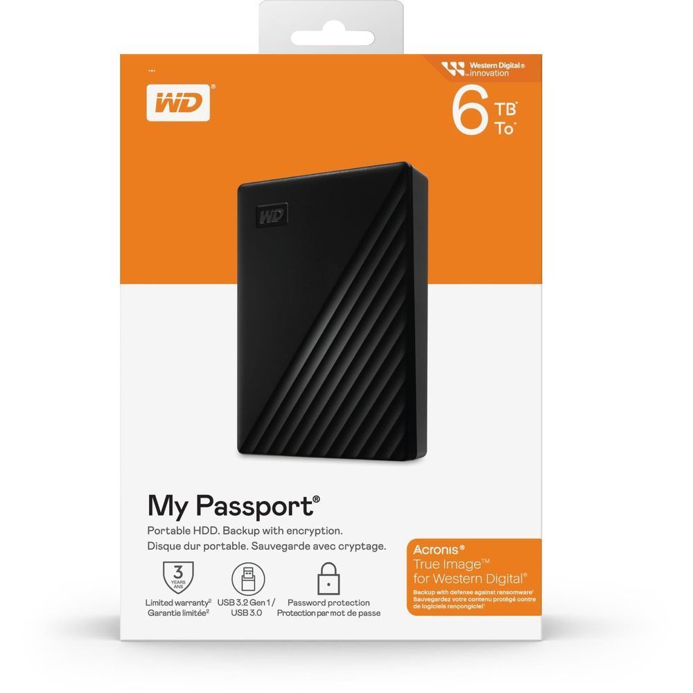 WD My Passport portable HDD box showing 6TB capacity and portable backup features.