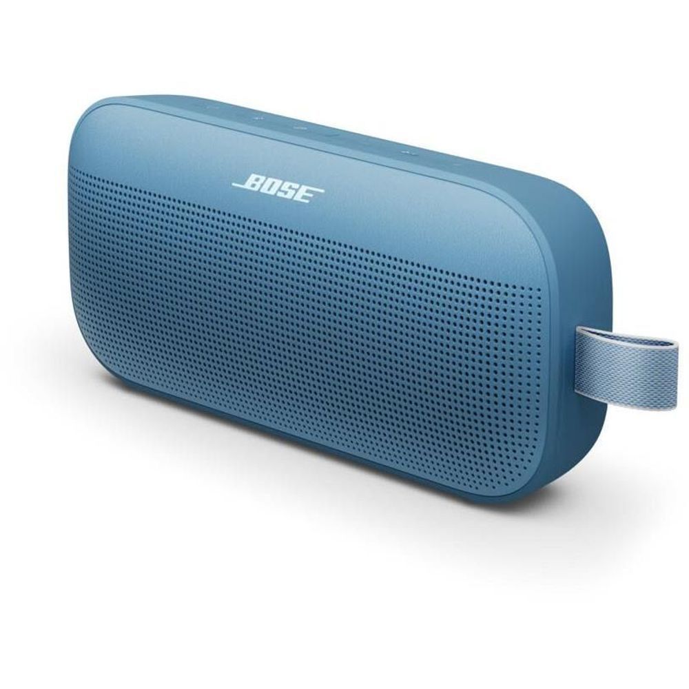 Blue dusk portable Bluetooth speaker with side view grille and carrying strap