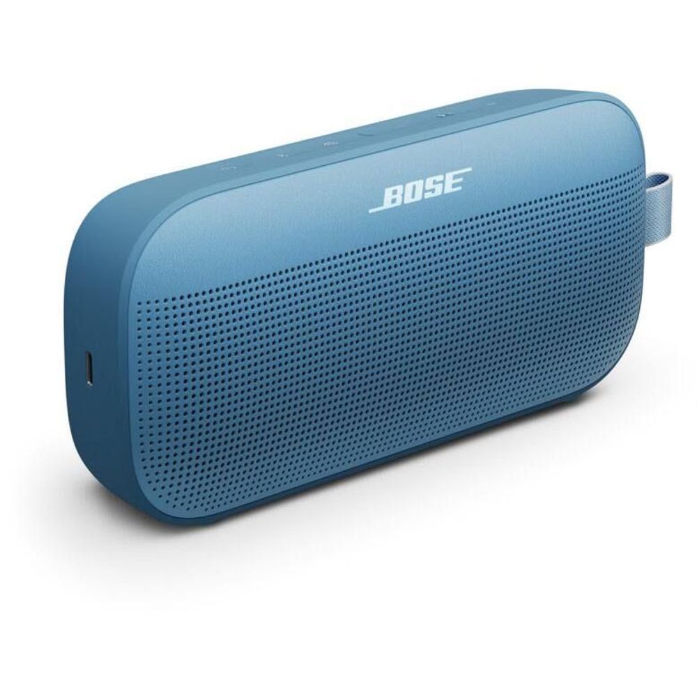 Blue dusk portable Bluetooth speaker with side grille and top carry strap