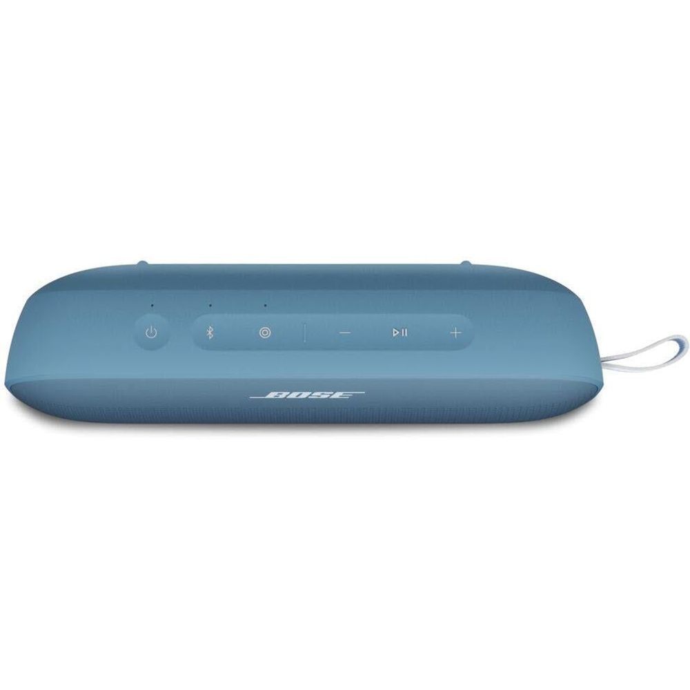 Blue dusk portable Bluetooth speaker top panel with buttons and lanyard strap