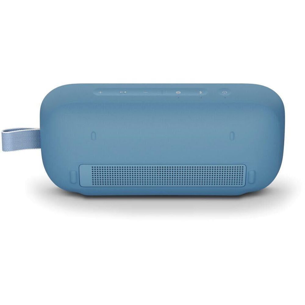 Blue dusk portable Bluetooth speaker back view with passive radiator grille and strap