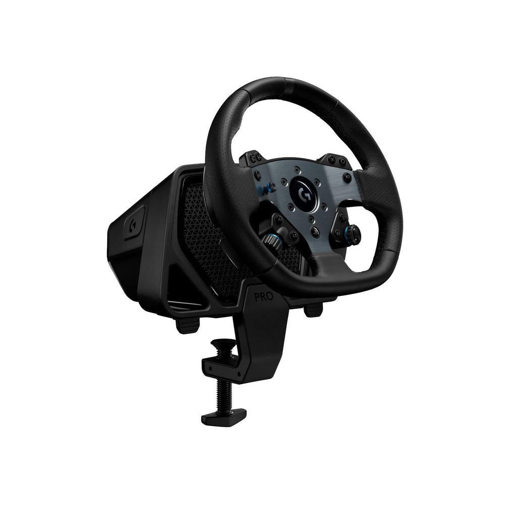 Gaming racing wheel with leather-textured rim, metal center, Pro label and base mount