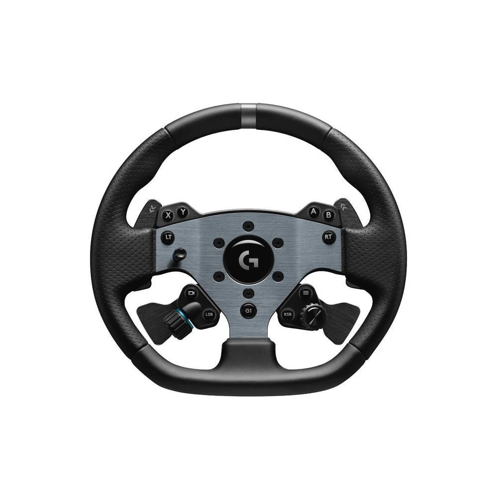 Gaming racing wheel with leather-textured rim, silver button plate, Logitech G hub