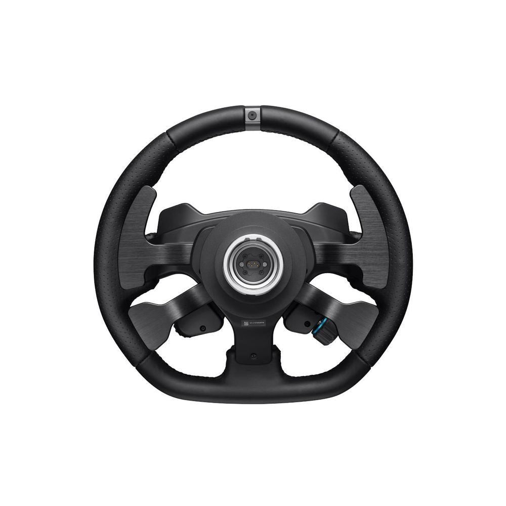 Black racing wheel front with circular hub, spoke grips, and center camera-like detail
