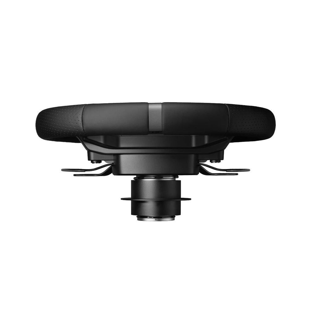 Black steering wheel top view with padded rim, central column, and mounting plate