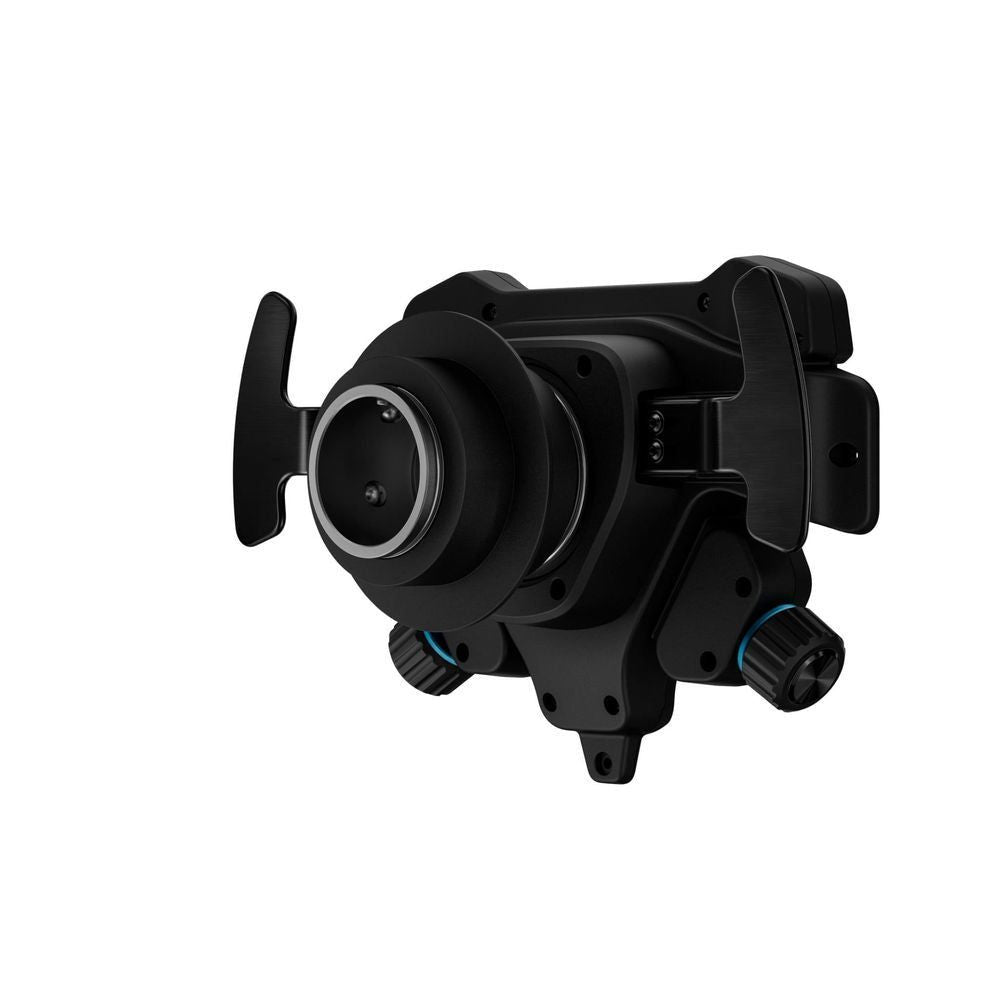 Black wheel hub angled view with circular mount and textured grips.