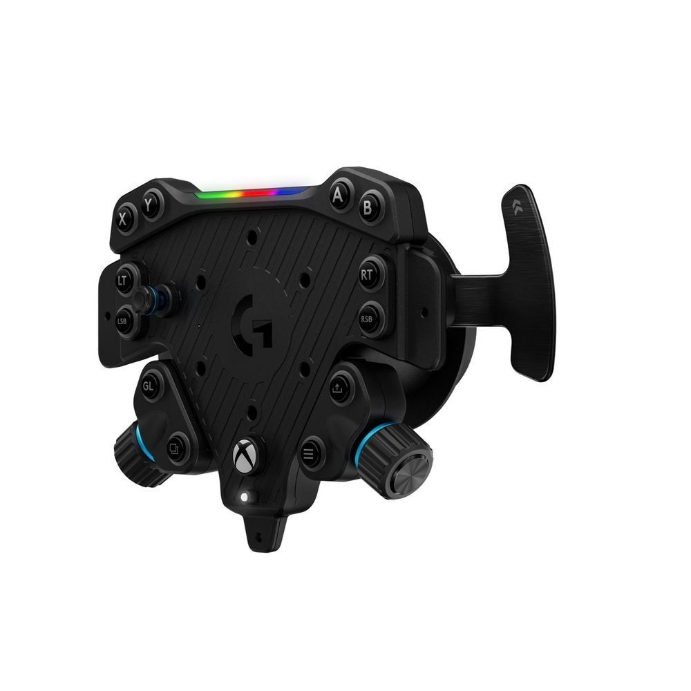 Black wheel hub with rainbow RGB strip, Xbox logo, and side paddle grips.