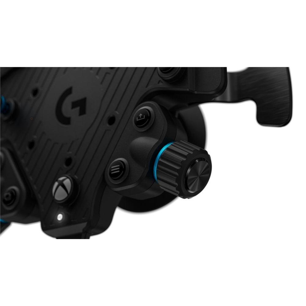 Close-up of black control knob area with blue ring accents and buttons.